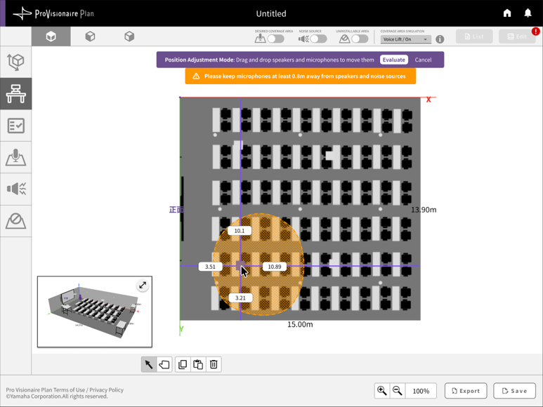 ProVisionaire Plan (or Room Planner) design screen. The room layout view shows microphones and speakers being repositioned via drag-and-drop. Users can evaluate and optimize device placement according to the actual installation environment.