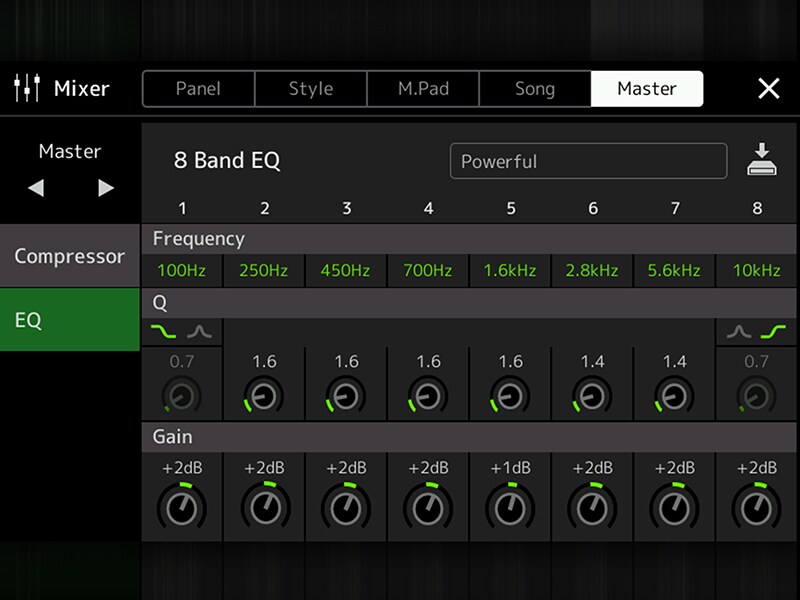 Master EQ-scherm van het Yamaha Arranger Workstation PSR-SX920/720+