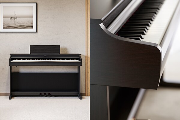 Een ARIUS-piano die harmonieus past in woonkamers, met verfijnde rondingen in de ontwerpdetails