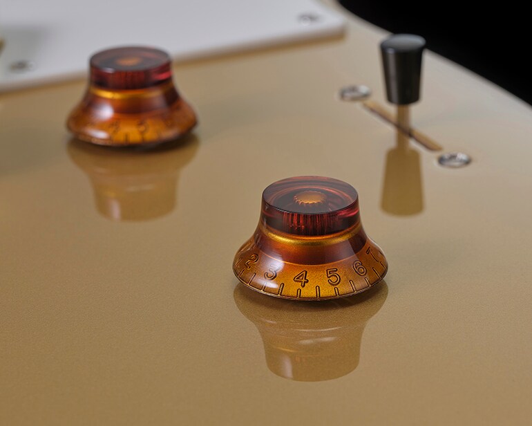 Close-up van Master Volume, Master Tone en 3-standen hendelschakelaar