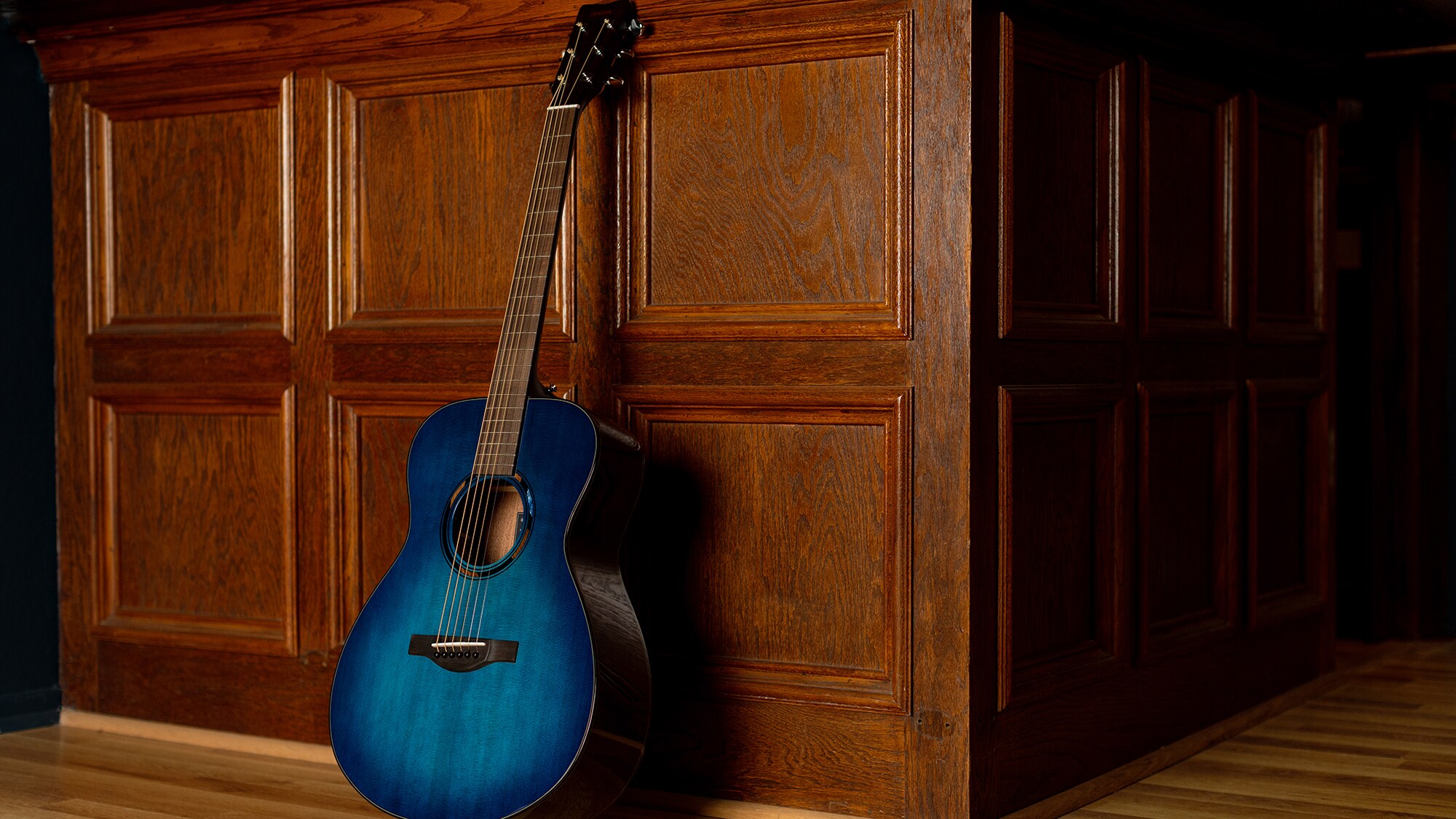 Een TAS1 E akoestische gitaar die rechtop staat tegen een bruine binnenmuur