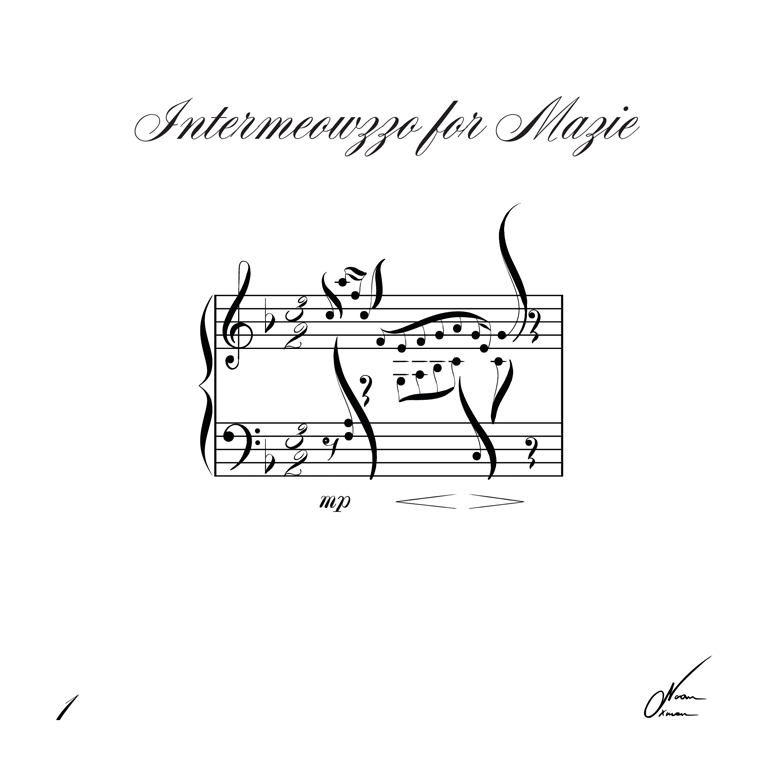 Bladmuziek met de titel ‘Intermeowzzo for Mazie,’ met muzieknoten gerangschikt in de vorm van een kat.