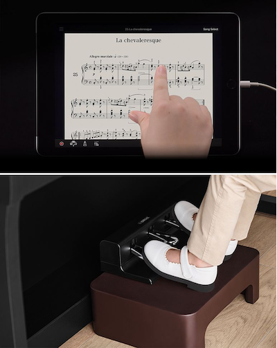 Collage of photos of a person operating the Yamaha Smart Pianist app screen and a child's feet playing with Yamaha's FC35 optional pedal unit for digital pianos.