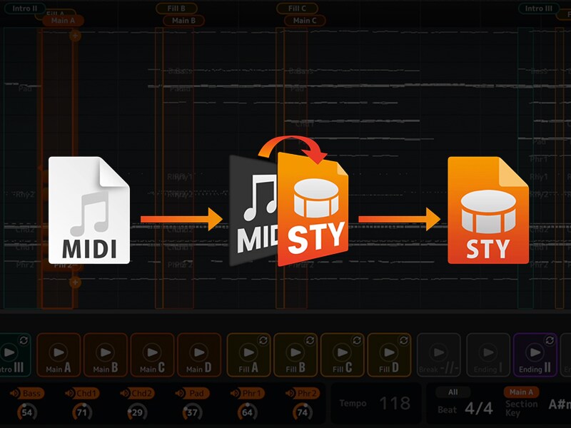 Scherm van de MIDI Song to Style-app.