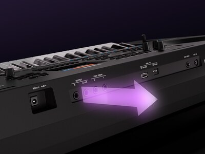 Close-up van de PSR-SX620 LINE OUT-aansluitingen voor hoogwaardige audio-uitvoer.