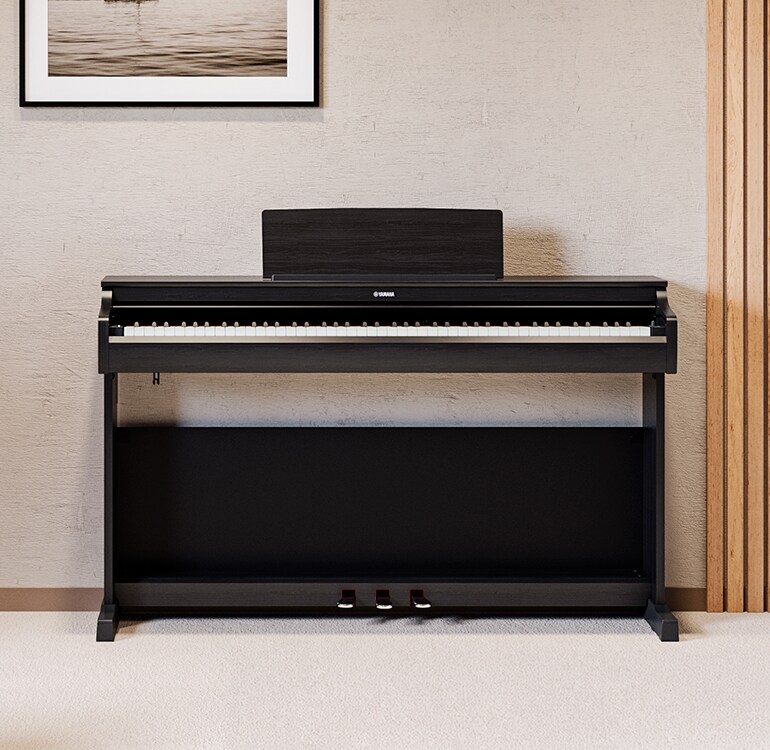 Een woonkamer met een zwarte ARIUS-piano, kamerplanten en een bank, harmonieus geïntegreerd in het interieur