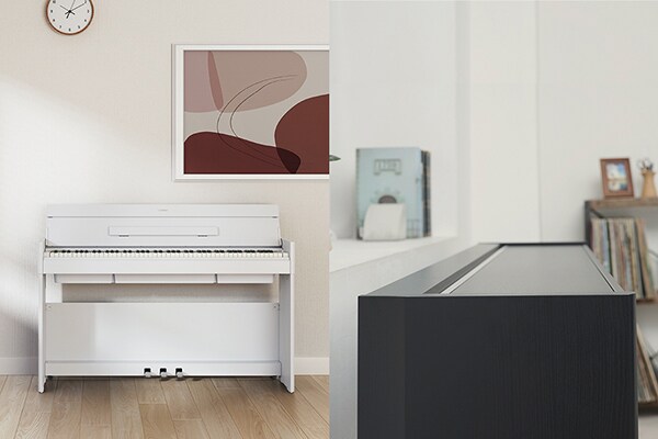 Een ARIUS-piano die opgaat in het interieur van de woonkamer, en een ARIUS-piano met een vlakker, compacter ontwerp doordat de klep gesloten is