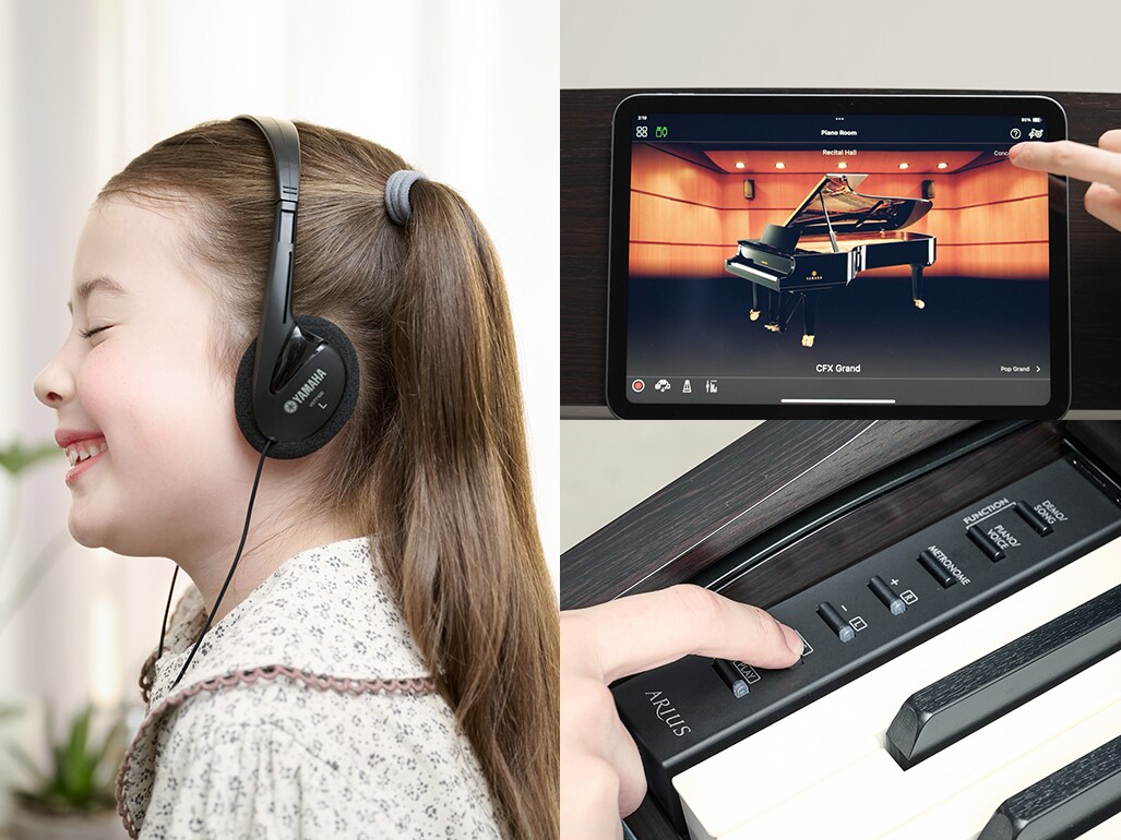 Oefenen op de digitale piano met hoofdtelefoon, het bekijken van het scherm van de Smart Pianist-app en opnemen via de ingebouwde bedieningselementen van de piano.