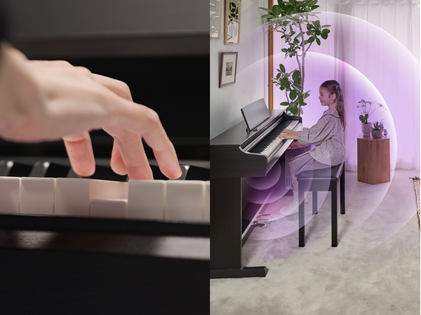 De expressieve aanslag van het nieuwe ARIUS-klavier en geluidsgolven die zich verspreiden vanuit een ARIUS-piano in een woonkamer