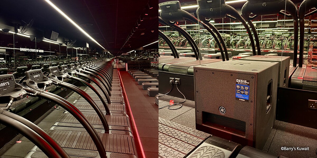 Two images: left shows Red Room workout studio; right shows Yamaha DXS15mkII subwoofer installed at Barry's Kuwait fitness studio