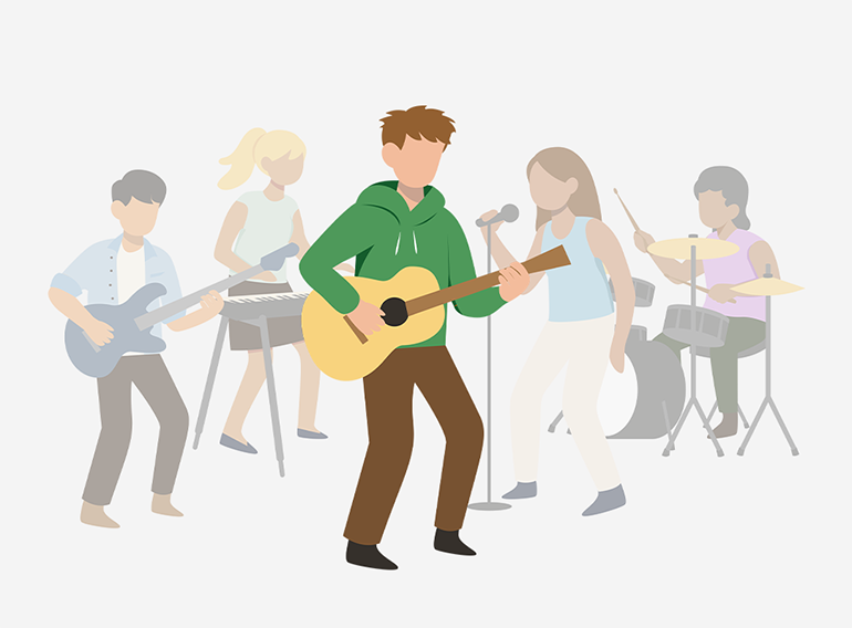 Een man die geniet van het gebruik van de Extrack muziekoefen-app om te jammen met andere instrumenten