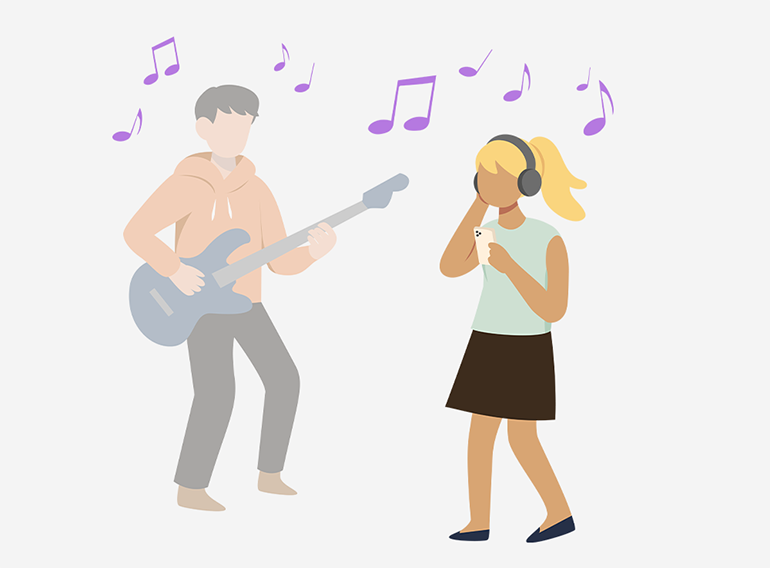 Een vrouw luistert aandachtig naar fragmenten voor elk instrument terwijl ze het volume aanpast in de Extrack muziekoefen-app