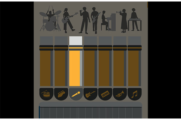 Een schermafdruk van een audiobron gescheiden in verschillende delen, zoals gitaren, zang, drums, bas, piano's en blaasinstrumenten.