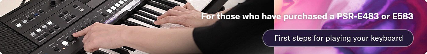 De banner op de welkomstpagina van het Yamaha Keyboard PSR-E483 of PSR-E583